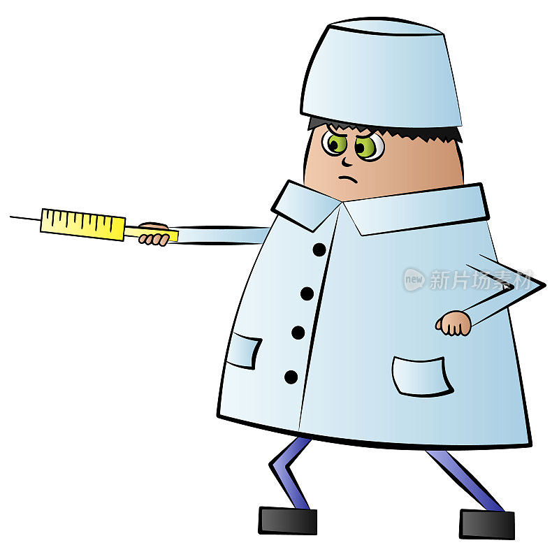Cartoon angry doctor with syringe in color